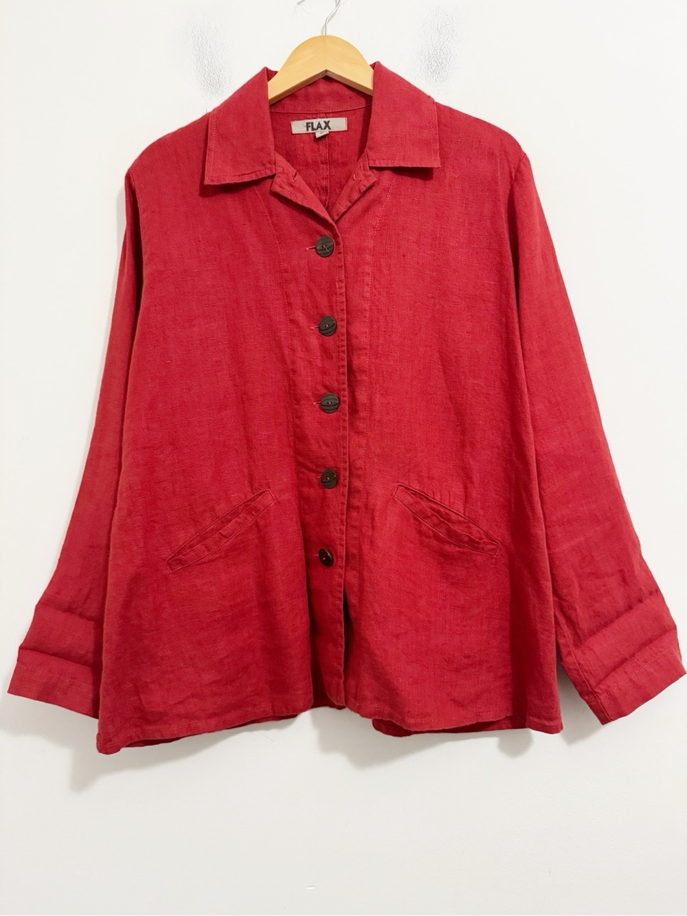 Flax Linen Button Front Long Sleeve Jacket Deep Rust Red Small